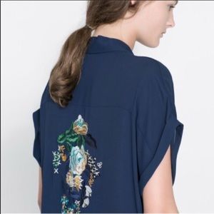 Zara navy blue embroidered top